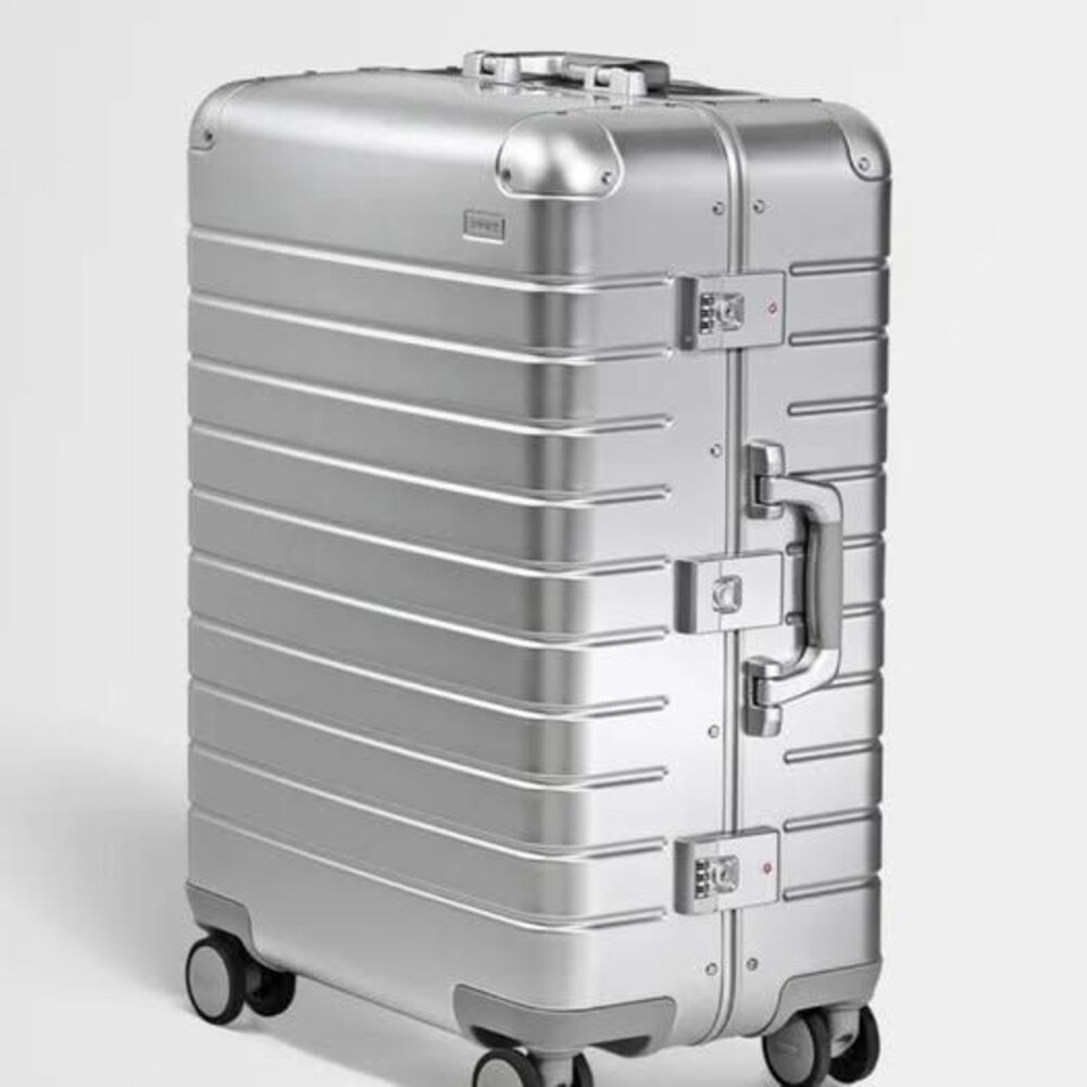 AWAY The Medium Aluminum Edition Checked Suitcase in Silver w/ Clear Cover VGC
